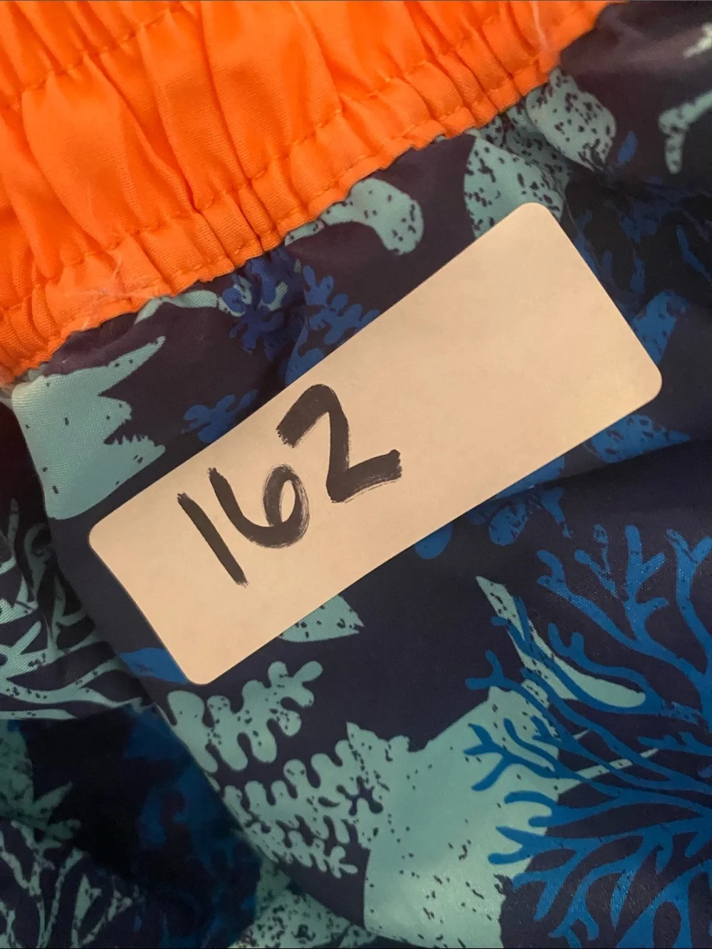 Kids Blue Ocean Print Swim Trunks with Orange Waistband